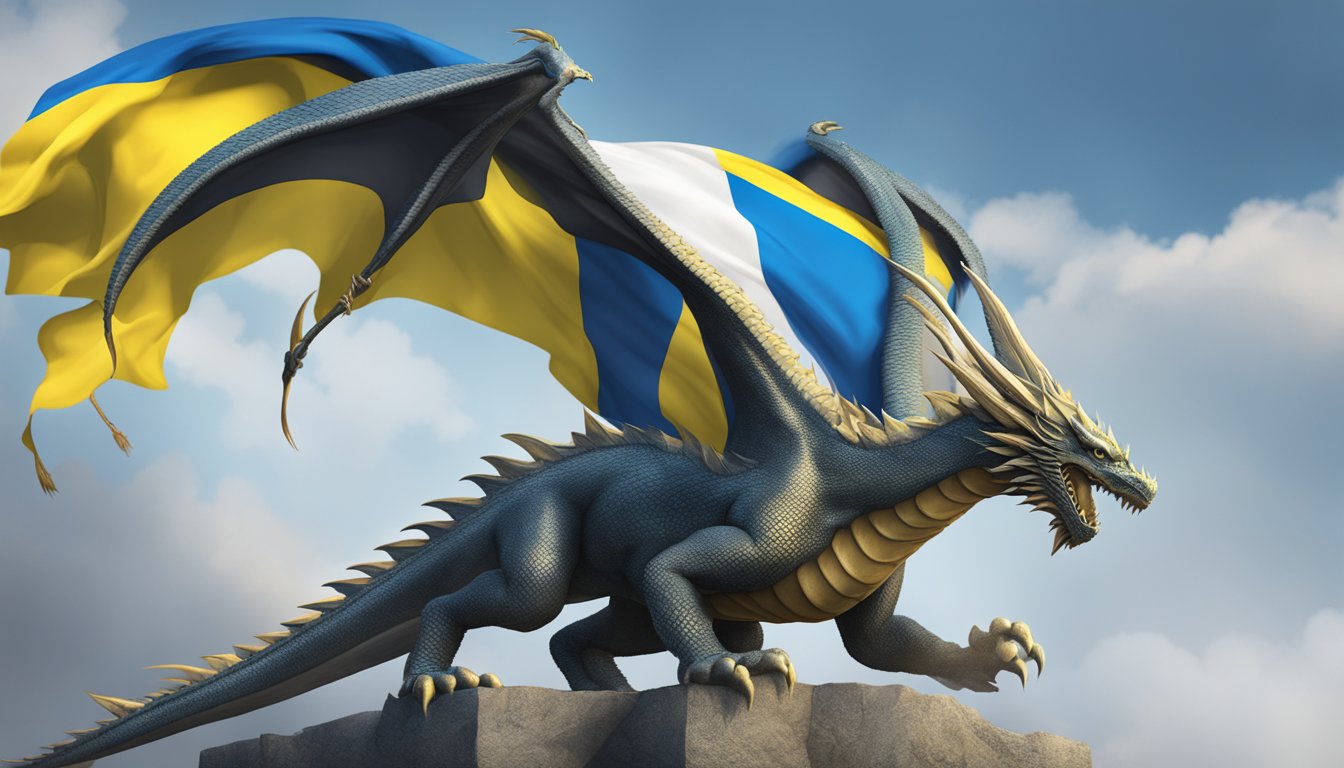 Dragon Alliance supports Ukraine. A dragon symbolically stands tall with the Ukrainian flag in the background, showing solidarity and strength