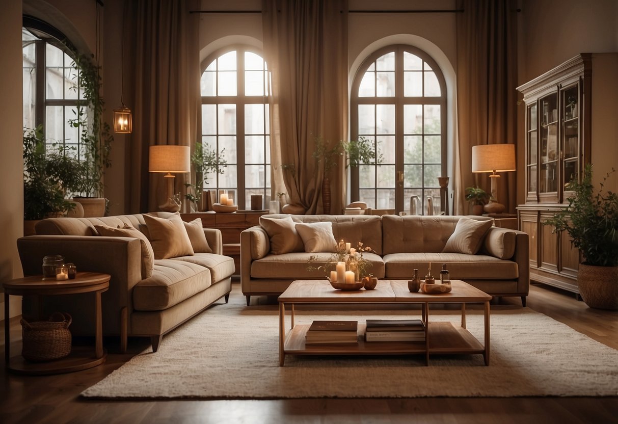 A cozy living room with Cantu Italy furniture, featuring elegant and intricate designs, set against a backdrop of warm, earthy tones and soft lighting