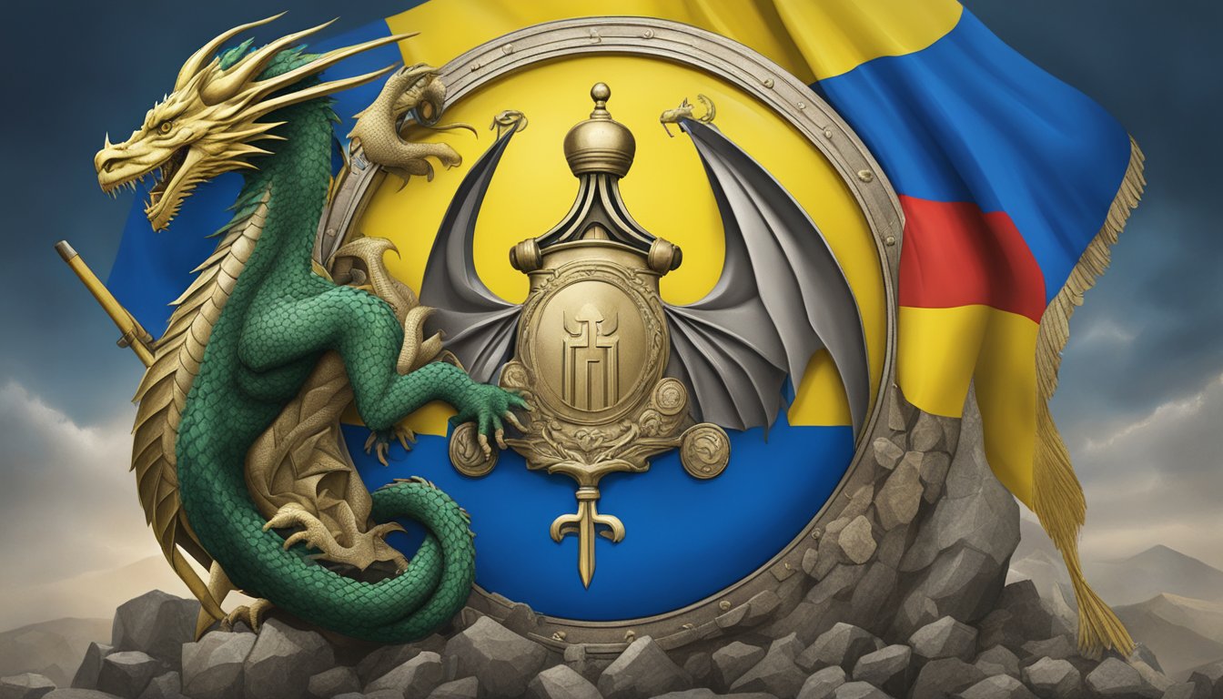 Dragon Alliance supports Ukraine through political and diplomatic efforts. The scene shows the alliance's emblem alongside the Ukrainian flag, symbolizing their support and solidarity