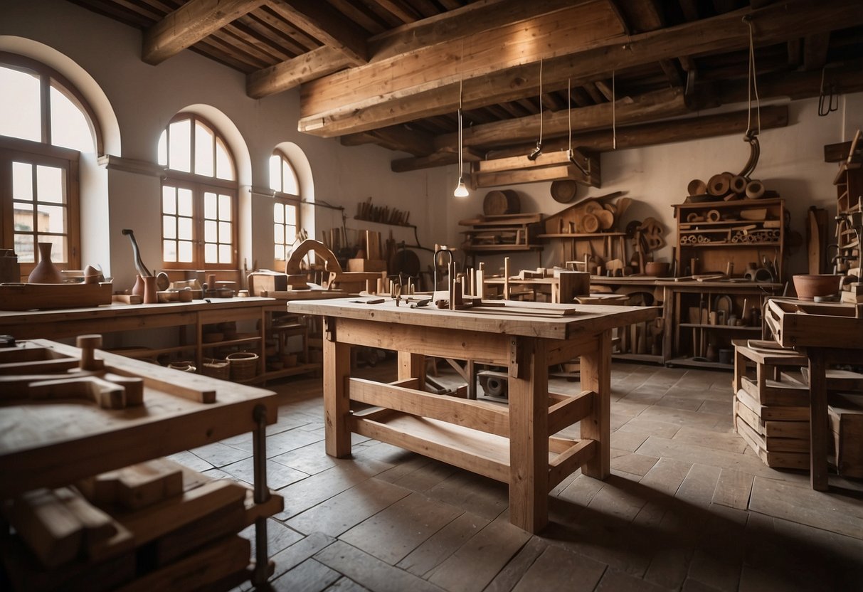 A workshop in Cantù, Italy, filled with traditional woodworking tools and intricate furniture pieces in various stages of completion