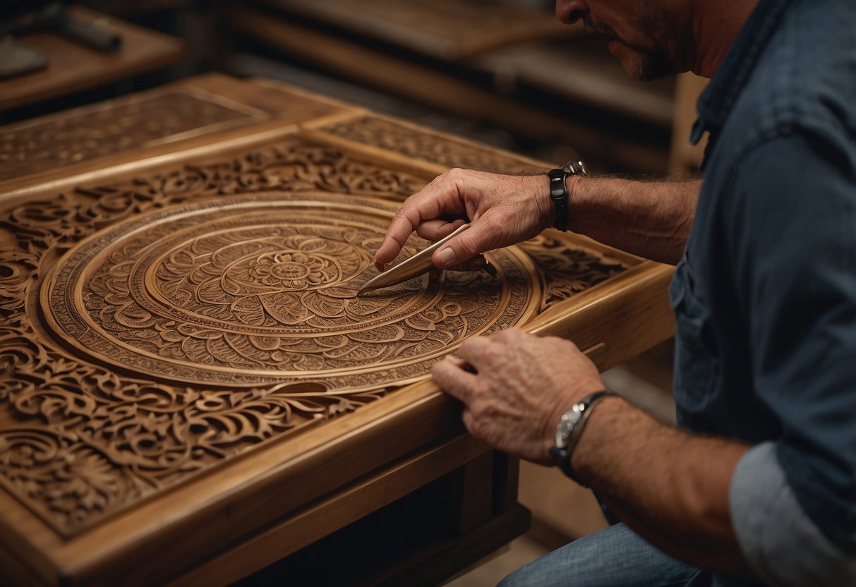 A craftsman in Cantù, Italy meticulously carves intricate designs into a wooden furniture piece, showcasing the exquisite materials and skilled craftsmanship of Cantù furnishings