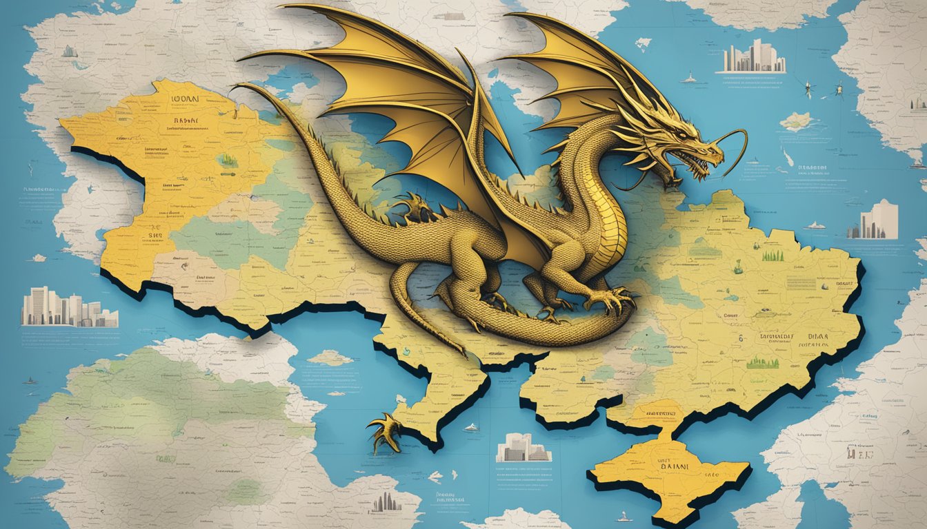 A dragon emblem hovers over a map of Ukraine, surrounded by news headlines and social media posts