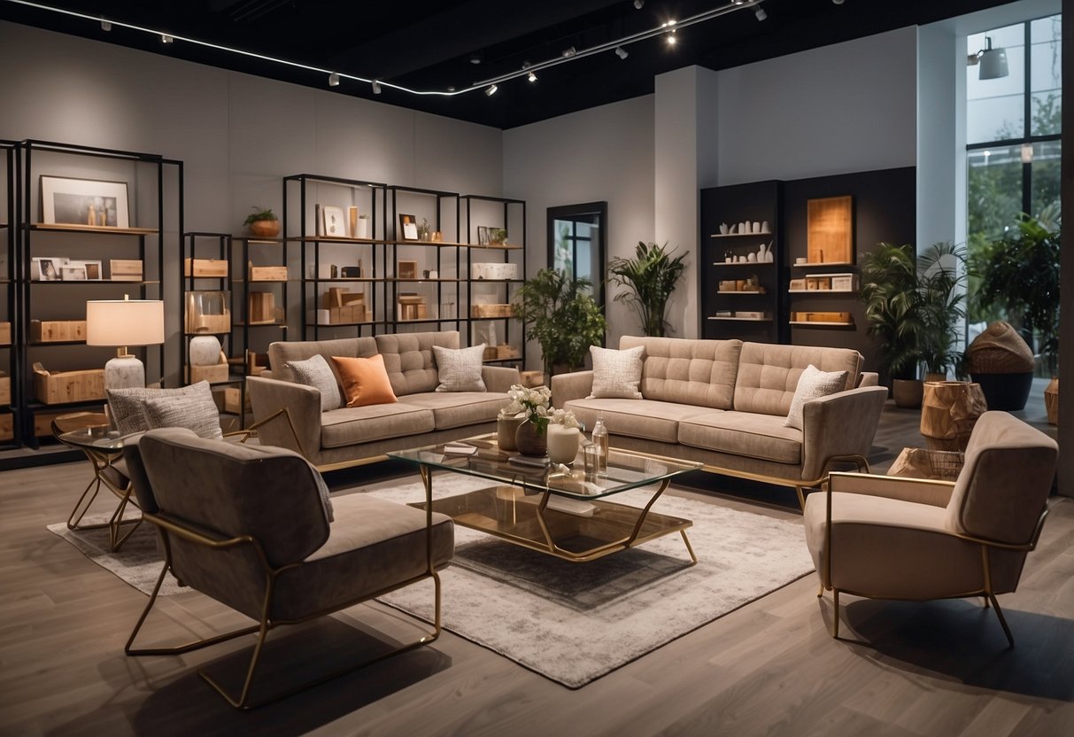 A furniture showroom with Cantu Italy products displayed in organized sections with clear signage