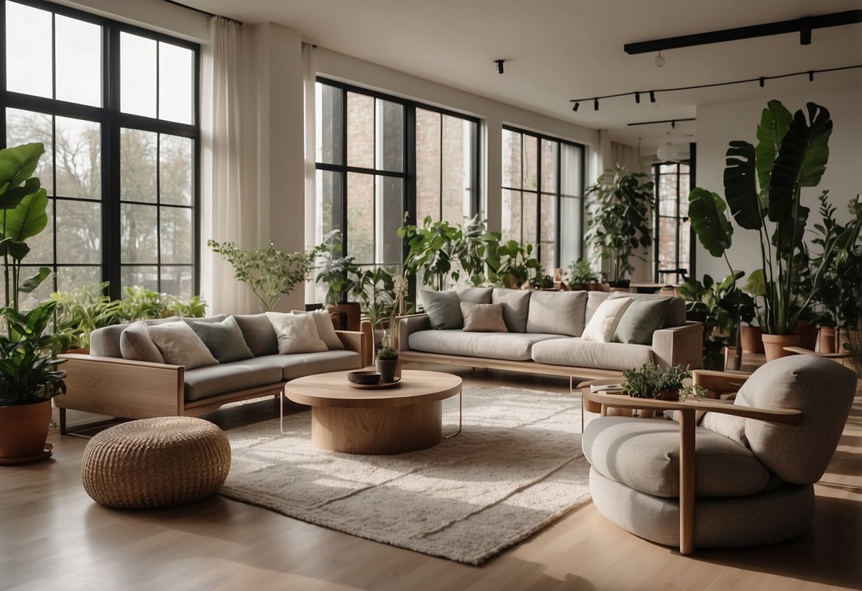 A modern living room with minimalist furniture, neutral colors, and natural materials. Large windows allow plenty of natural light, and potted plants add a touch of greenery