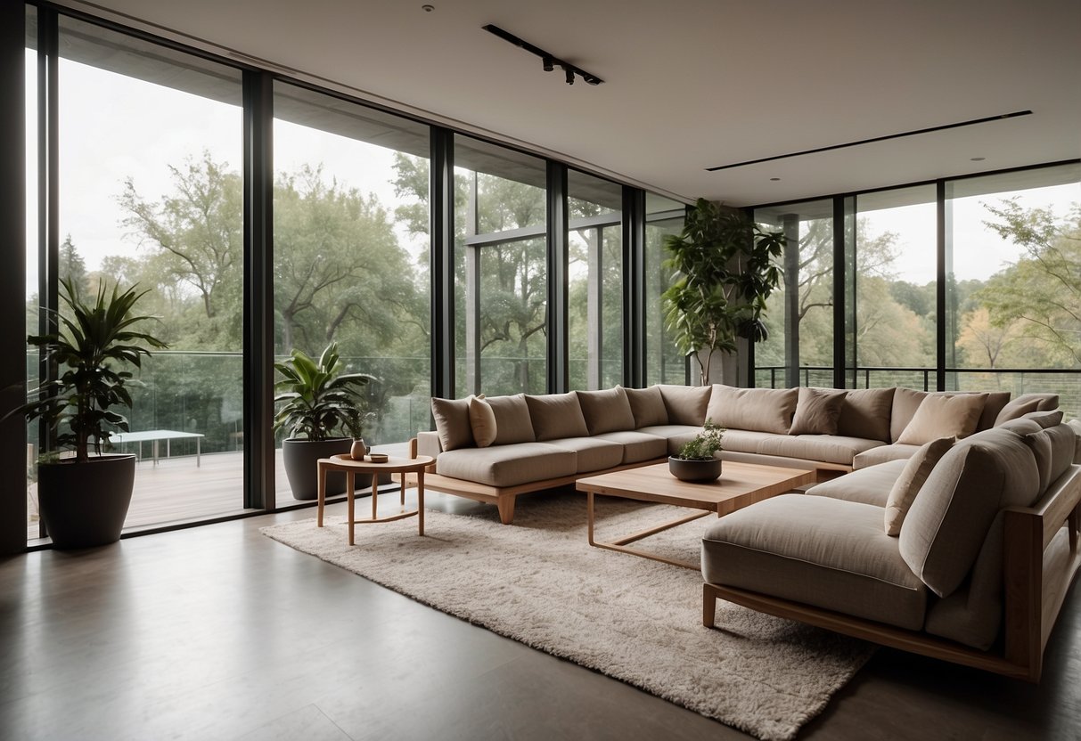 A modern, minimalist living room with clean lines, neutral colors, and natural materials. A statement piece of art or furniture adds a pop of color and personality