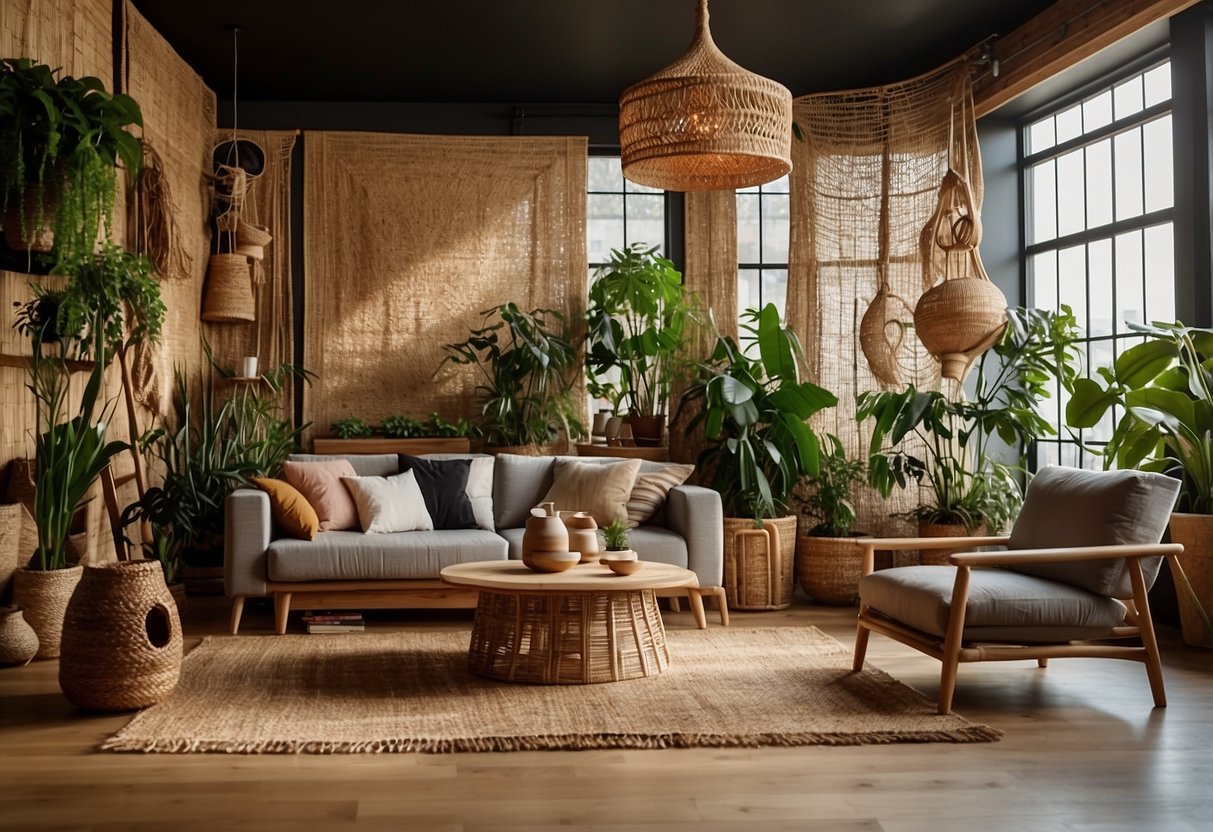 A room with bamboo flooring, a jute rug, and a reclaimed wood coffee table. Plants hang from macrame planters, and the walls are adorned with woven tapestries and cork noticeboards