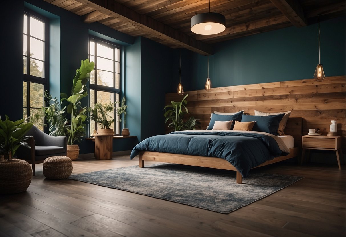 A room with warm, earthy tones and natural materials like wood and stone. Accents of deep blues and greens complement the overall palette