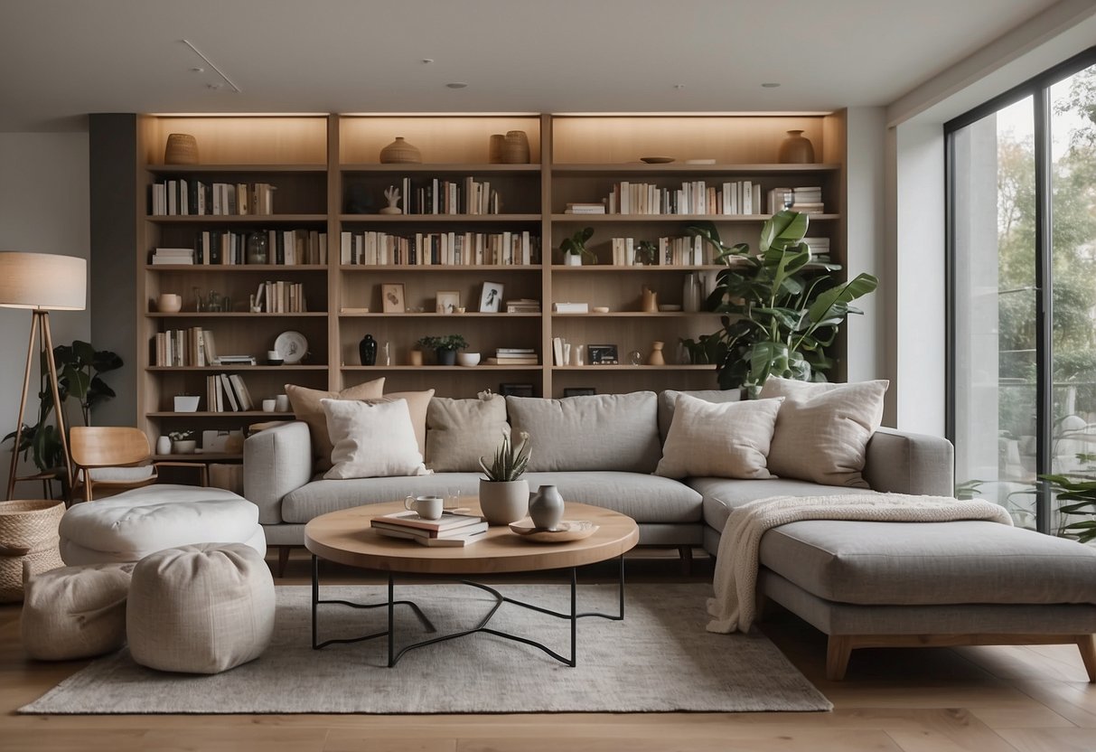 A modern living room with sleek furniture, open shelving, and a cozy reading nook. The space features clean lines, neutral colors, and plenty of natural light