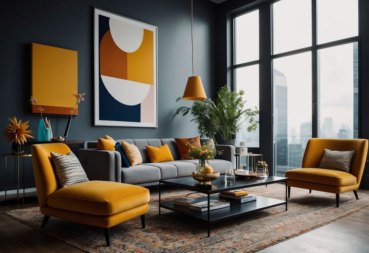 A modern living room with bold colors, geometric patterns, and mixed textures. Statement furniture pieces and unique art pieces add personality to the space