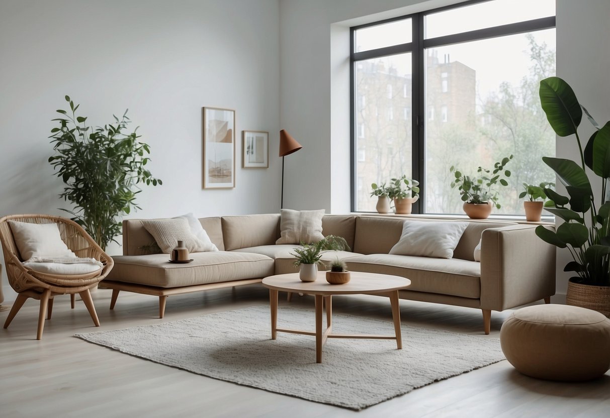 A modern living room with clean lines, minimalistic furniture, and neutral colors. Influenced by Scandinavian design with natural light and indoor plants