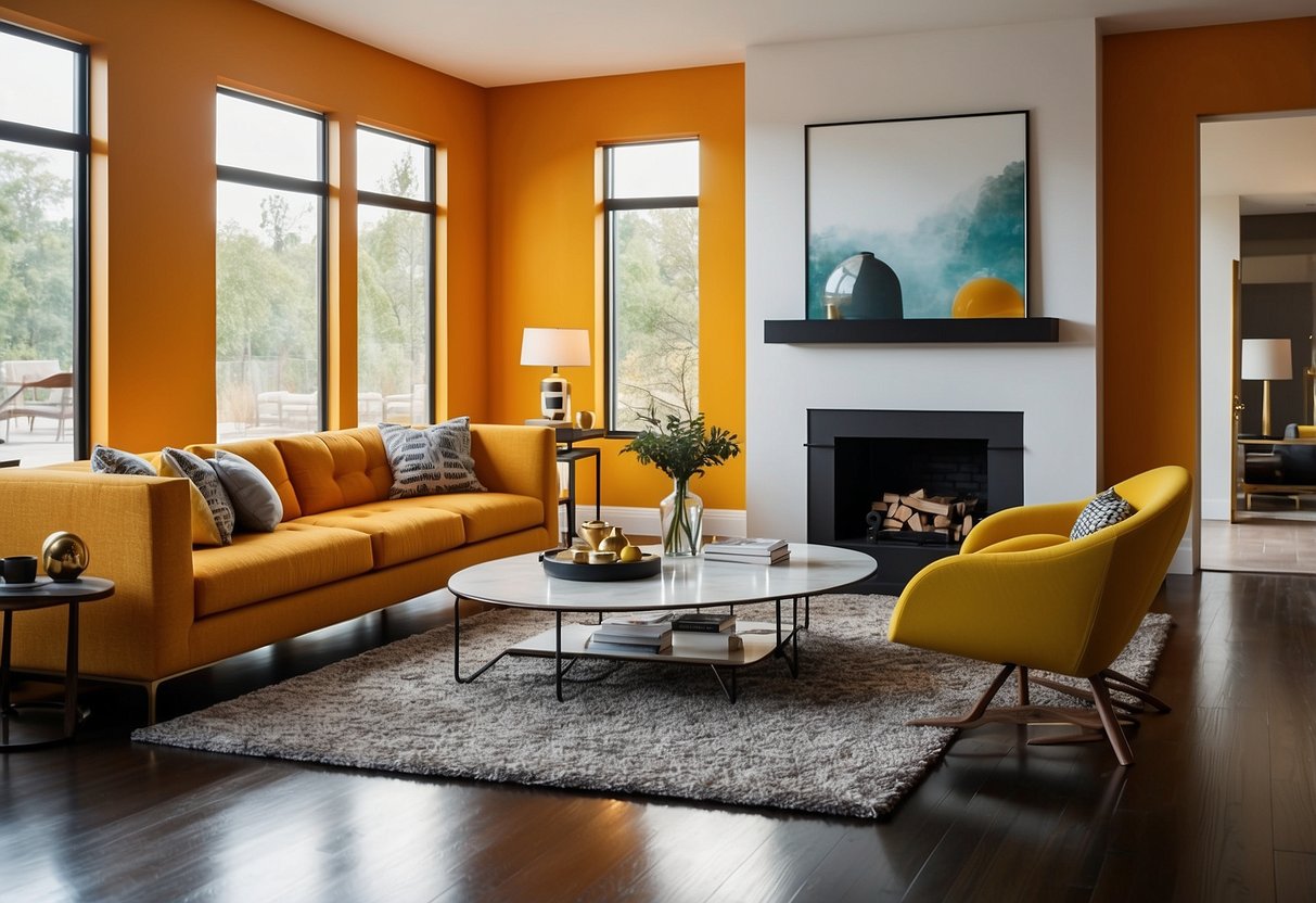 A modern living room with sleek, glossy walls and vibrant, durable floor coatings. Bold, colorful paint accents create a dynamic, contemporary atmosphere