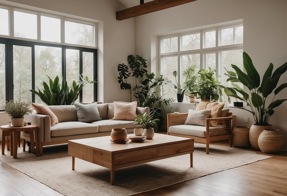 A spacious, well-lit living room with clean lines, neutral colors, and geometric shapes contrasted with natural elements like potted plants, wooden furniture, and earthy textures