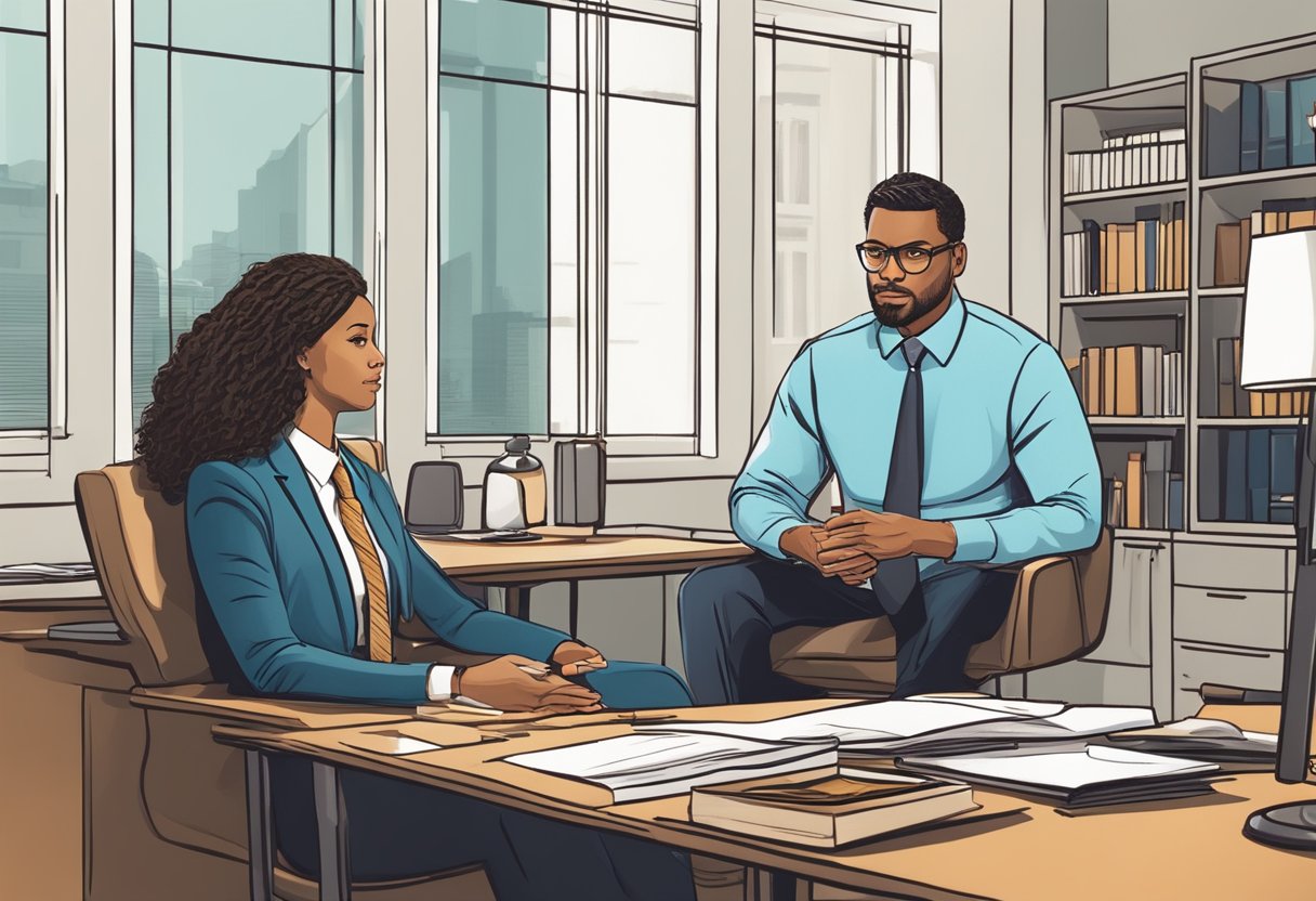 A federal employee discrimination attorney consulting with a client in a professional office setting