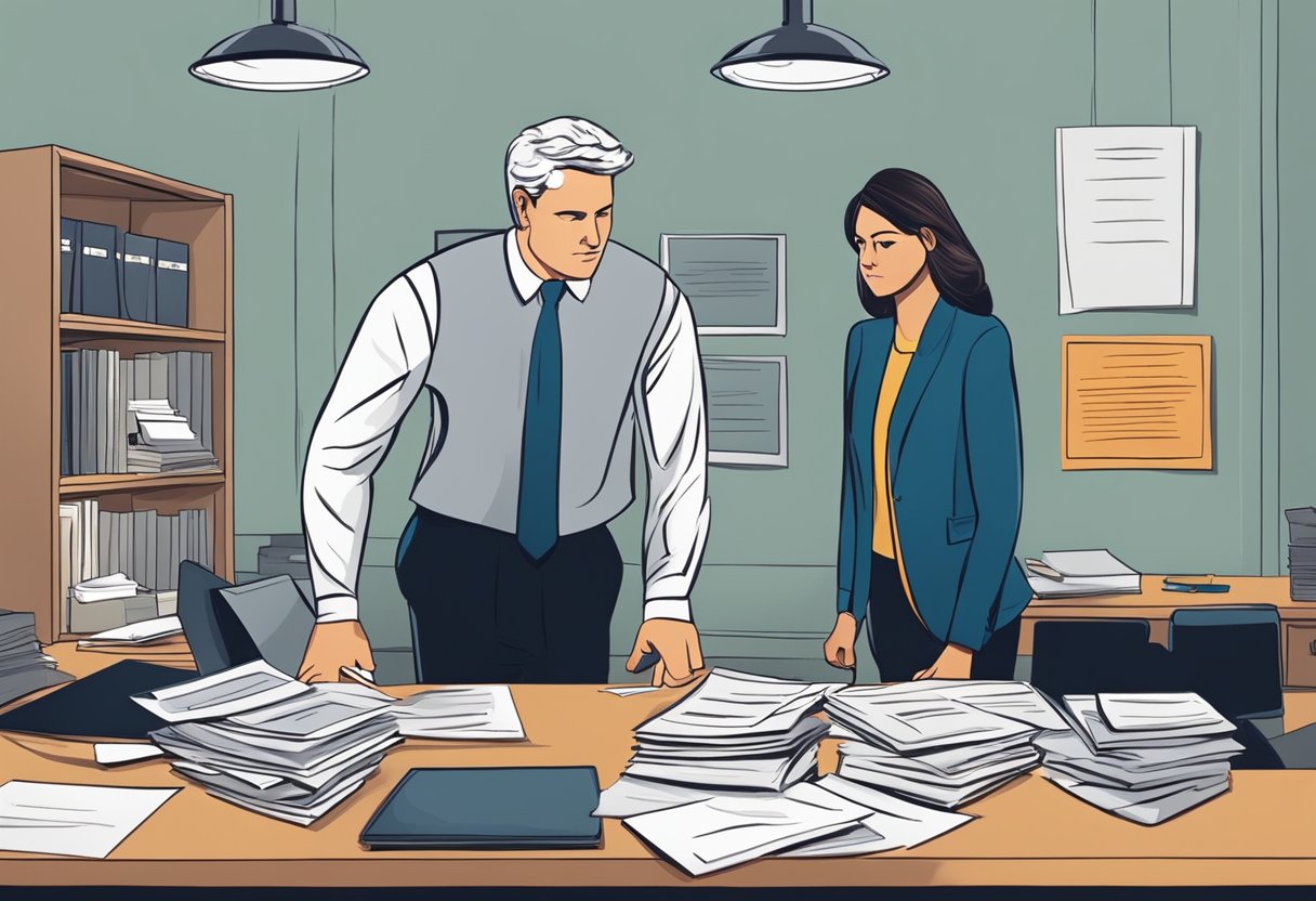 A federal employee stands before a desk, filing a discrimination complaint with an attorney. Papers are scattered, and the atmosphere is tense