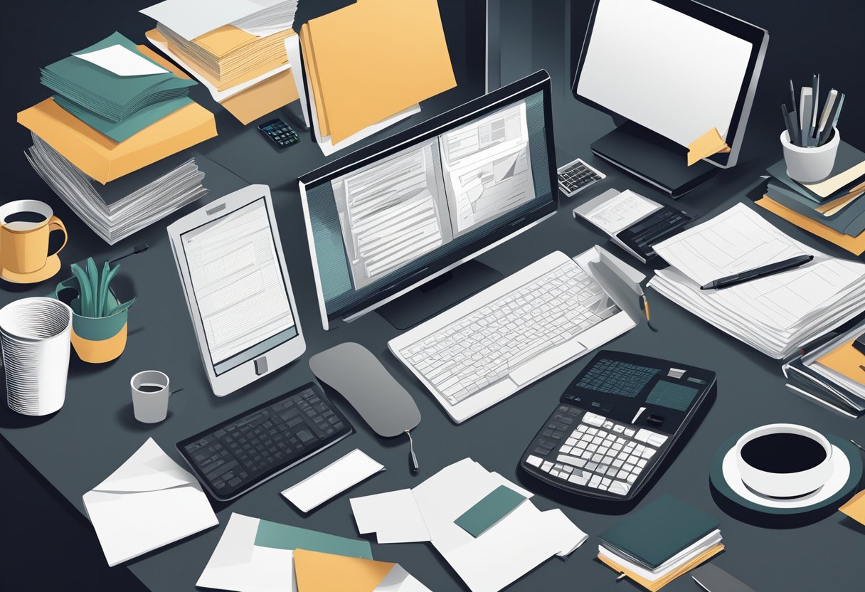 An office desk cluttered with papers, a computer, and a phone. A tense atmosphere is depicted through a dark color palette and sharp angles