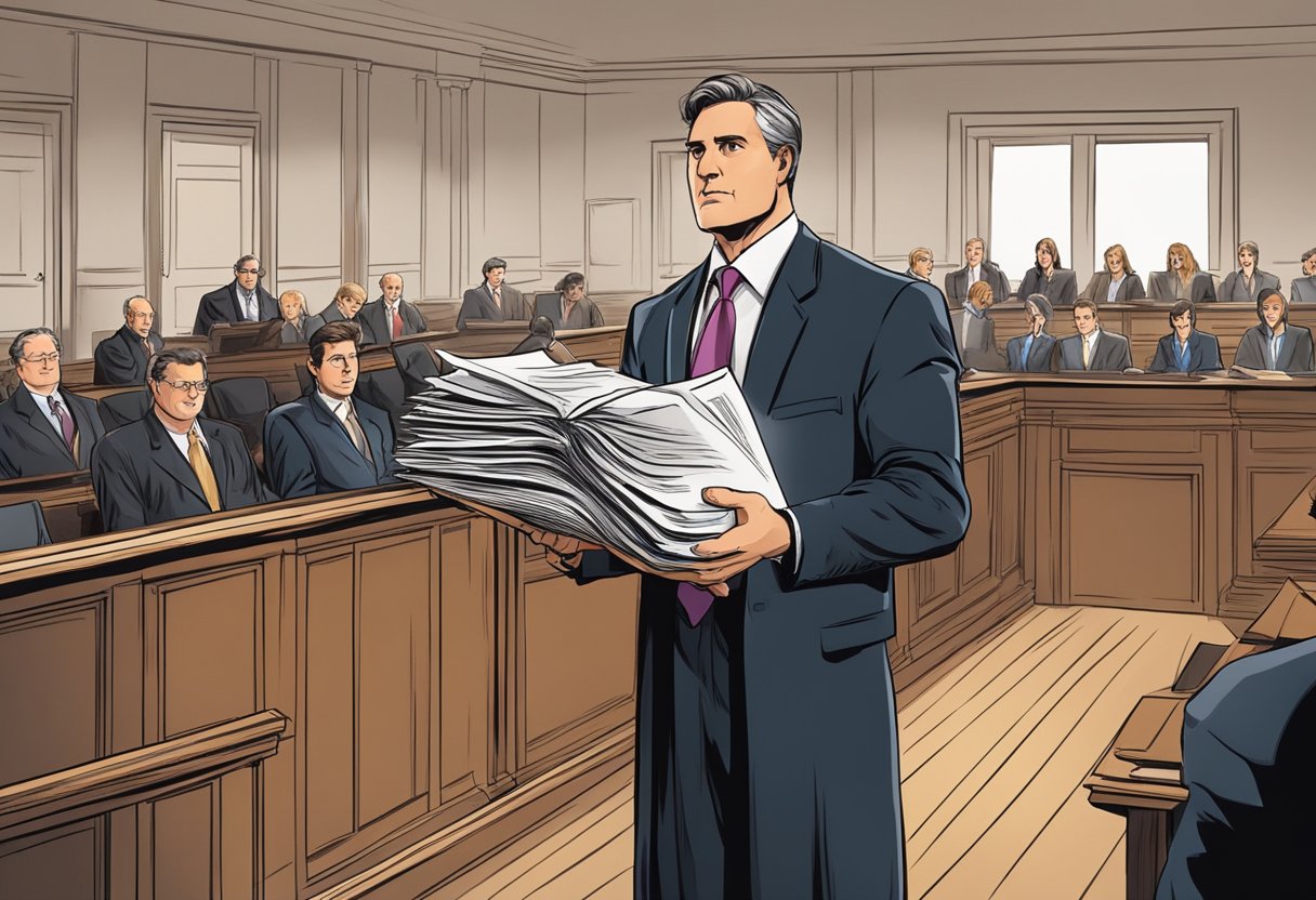 A lawyer stands confidently in a courtroom, addressing a jury with a determined expression, while holding a stack of legal documents