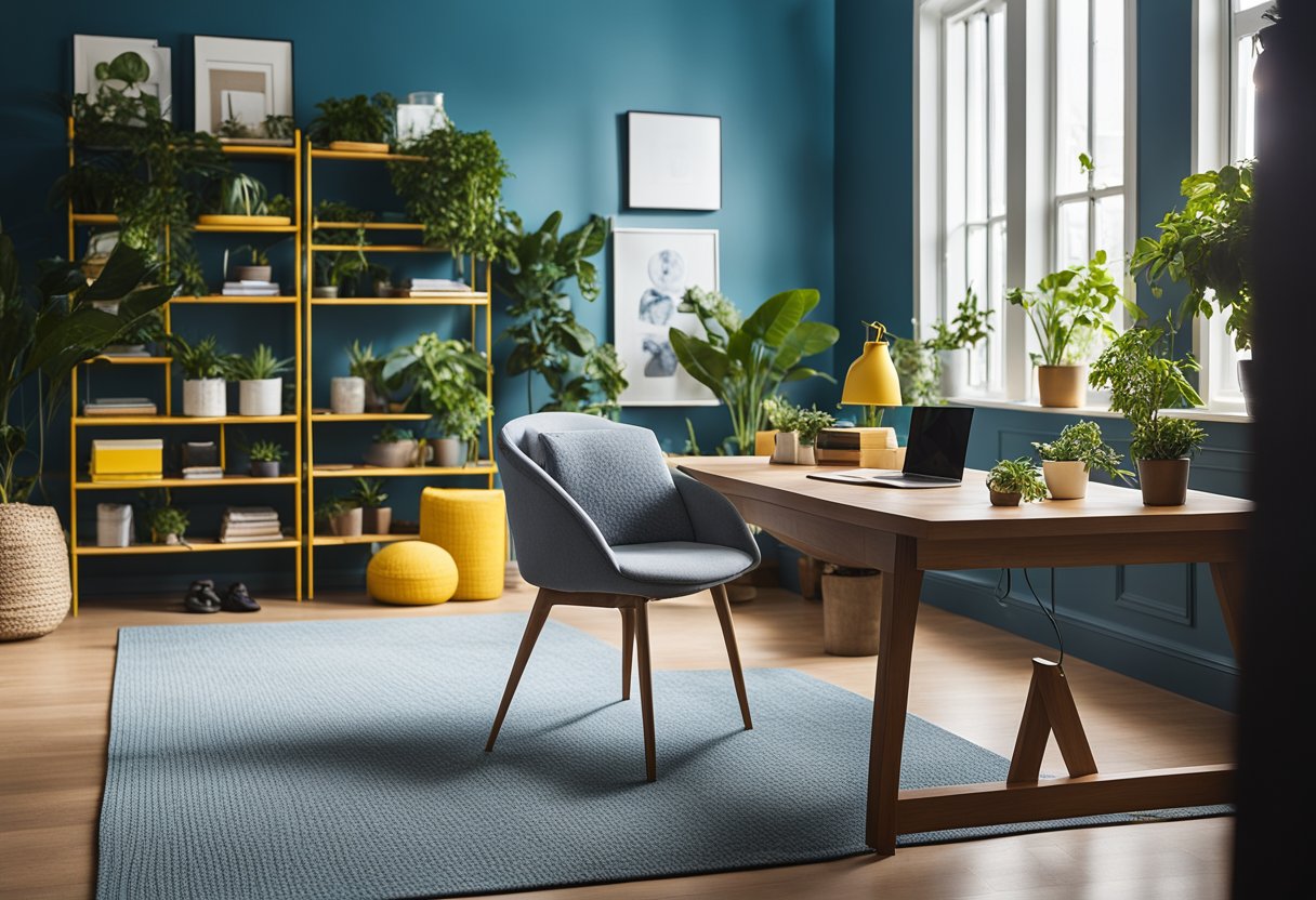 A home office with calming blue walls, energizing yellow accents, and organized desk space with natural light. Cozy rug and green plants add warmth and productivity