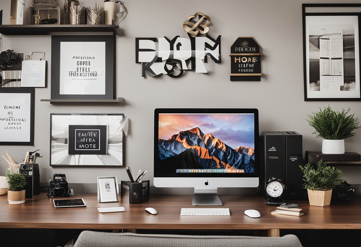 A home office with personalized decor, showcasing a logo on the wall, branded stationery, and motivational quotes