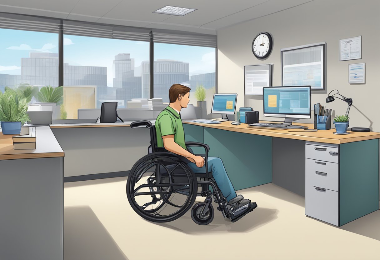 An office setting with a wheelchair-accessible desk and computer, while a non-disabled employee receives preferential treatment