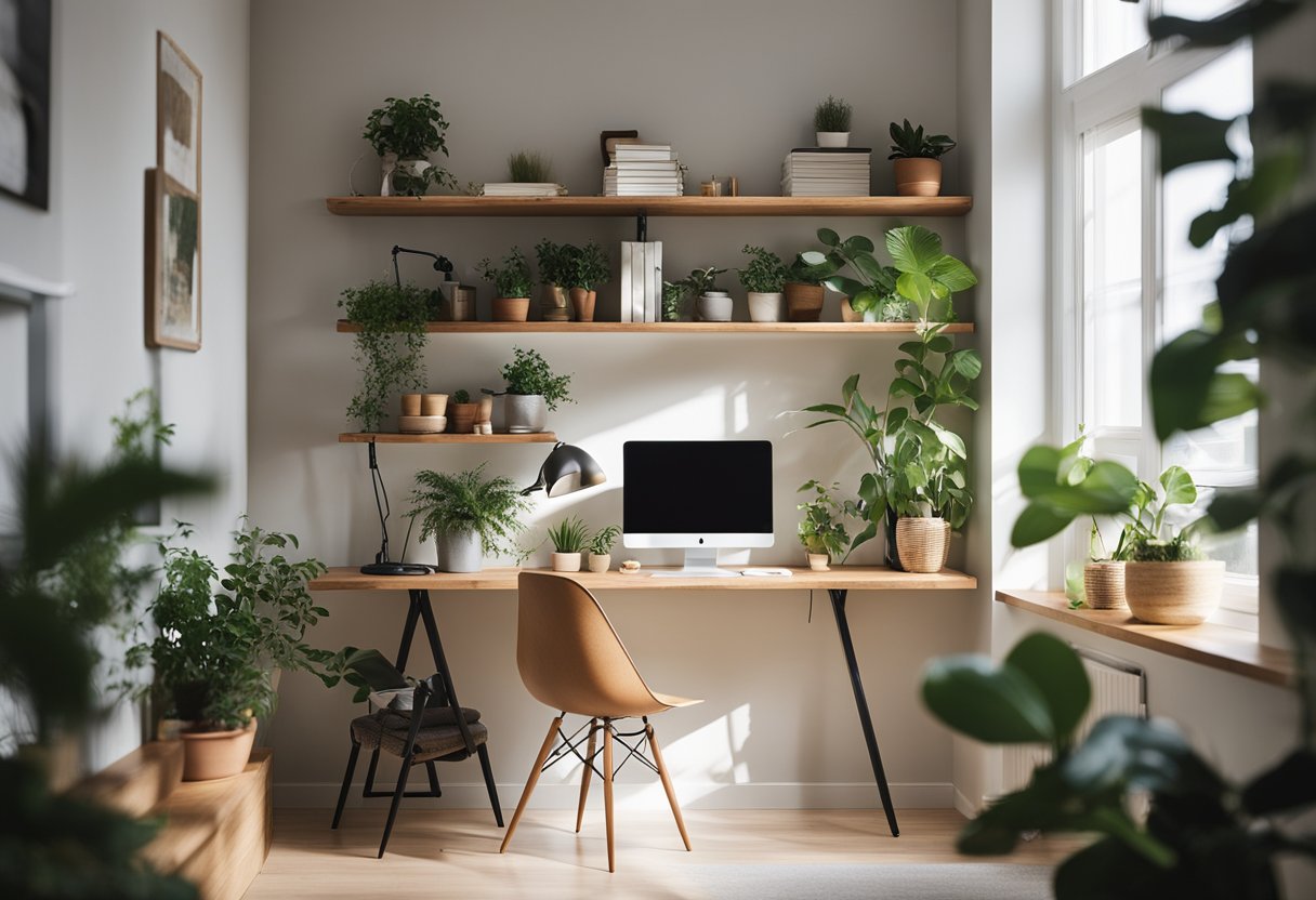 A cozy home office with a compact desk, wall-mounted shelves, and a comfortable chair. Natural light streams in through a window, illuminating the organized workspace. A potted plant adds a touch of greenery