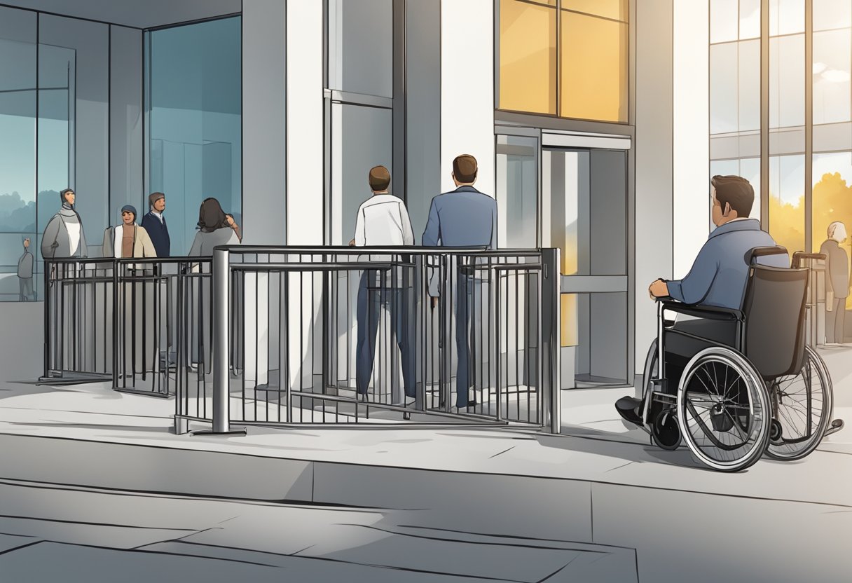 A person in a wheelchair being denied access to a workplace entrance by a barrier, while others enter freely