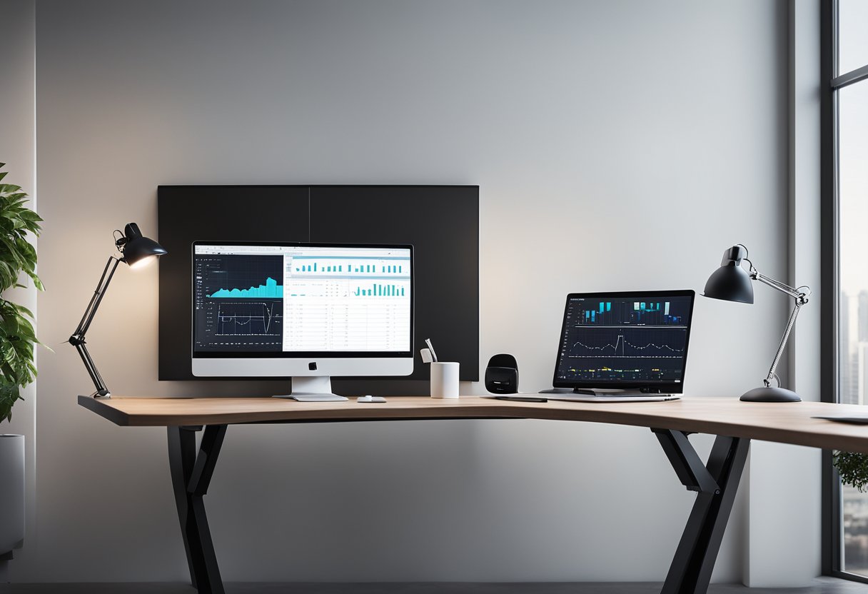 A modern desk with a sleek computer, wireless keyboard, and mouse. A wall-mounted monitor displays digital charts and graphs. A minimalist desk lamp illuminates the workspace