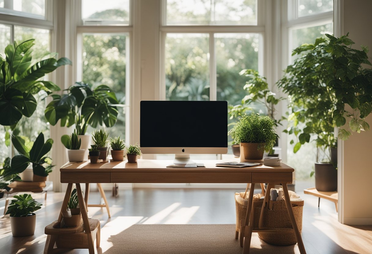 A sunlit home office with natural wood furniture, potted plants, and large windows overlooking a lush garden