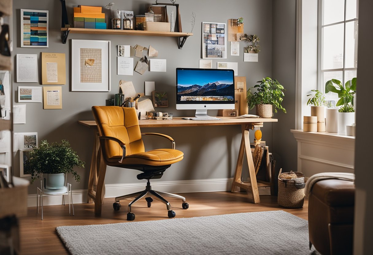 A cozy home office with a large desk, colorful art supplies, and inspirational quotes on the wall. A comfortable chair and natural lighting create a welcoming space for creativity and productivity