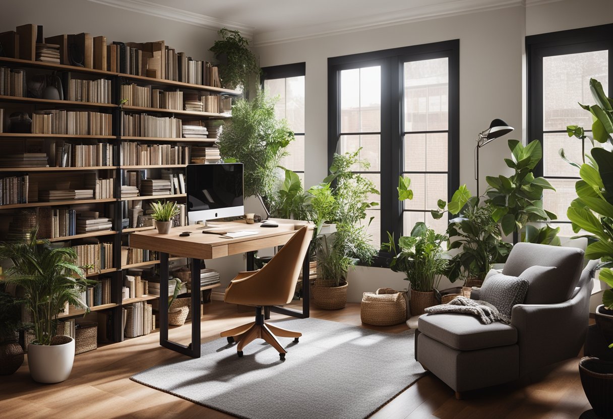 A cozy home office with a simple desk, ergonomic chair, and shelves filled with books and plants. Natural light filters in through the window, illuminating the space