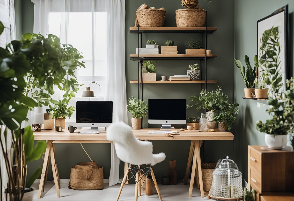 A home office with seasonal and cultural decor adjustments, inspiring entrepreneurs with creative ideas