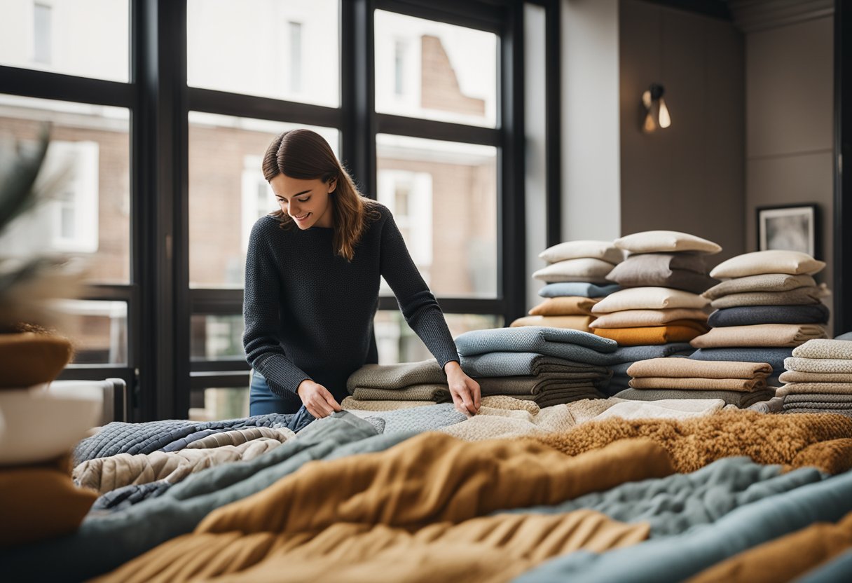 A person choosing fabrics for a home office, adding warmth with textiles like throw pillows and drapes