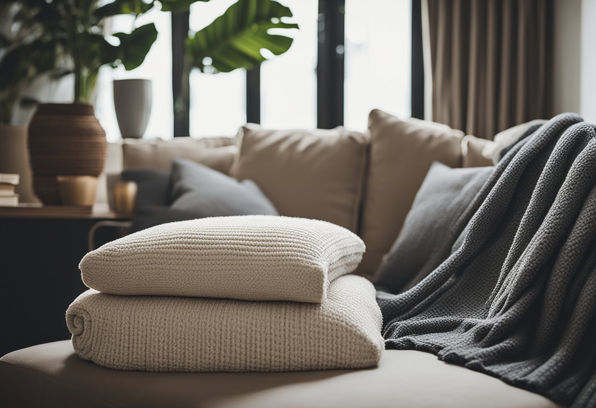 A cozy home office with functional textiles like warm blankets, soft cushions, and efficient curtains for comfort and productivity