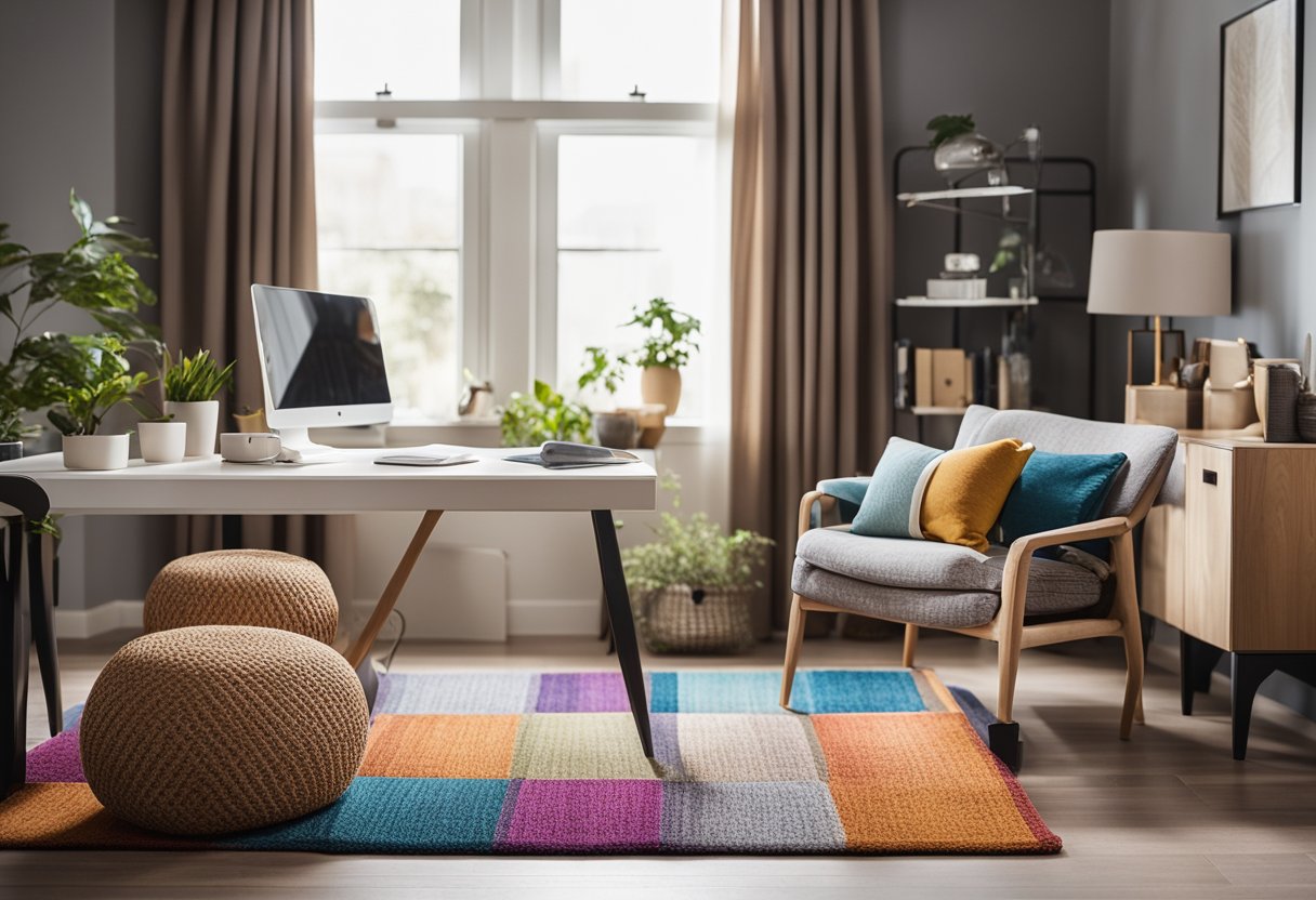 A cozy home office with colorful rugs, throw pillows, and curtains to add warmth and style. A comfy chair with a soft blanket completes the inviting space