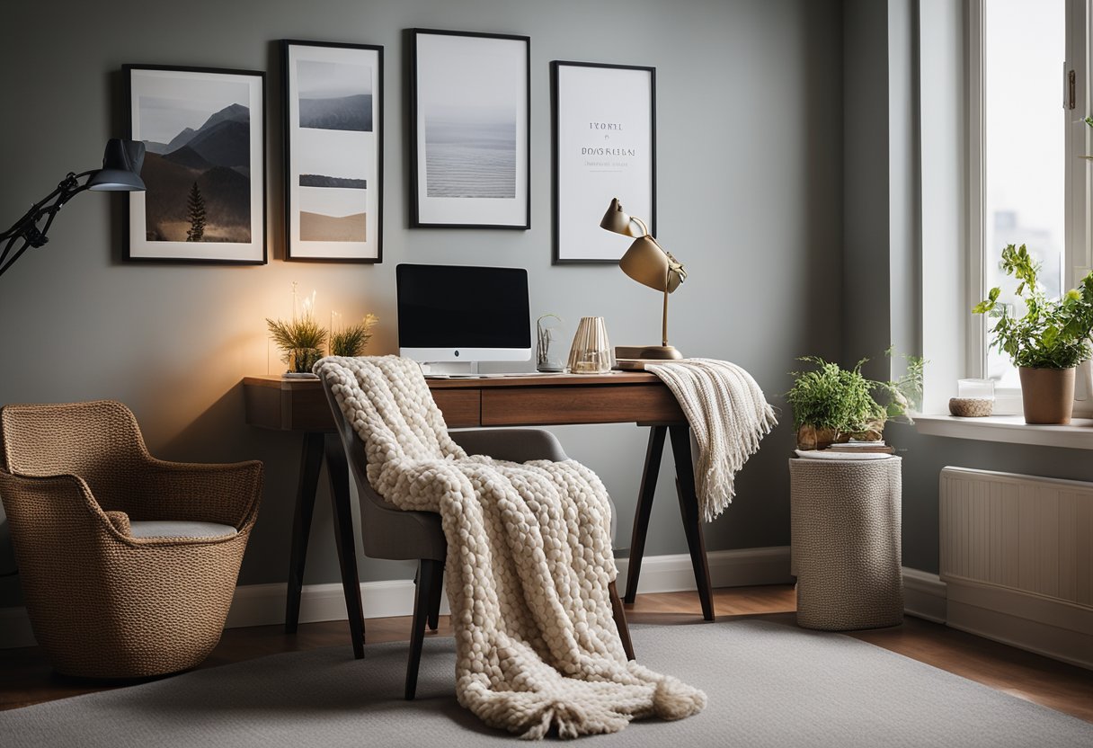 A cozy home office with textiles draped over a chair and desk, adding warmth and comfort to the space. A throw blanket and cushions create a welcoming atmosphere