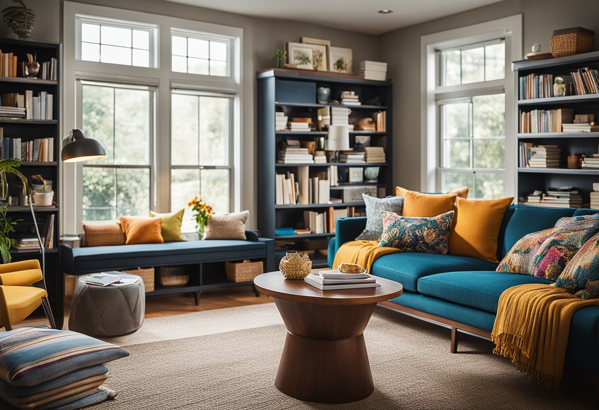 A cozy home office with a desk, chair, and shelves adorned with colorful textiles like throw blankets, cushions, and curtains adding warmth and comfort to the space