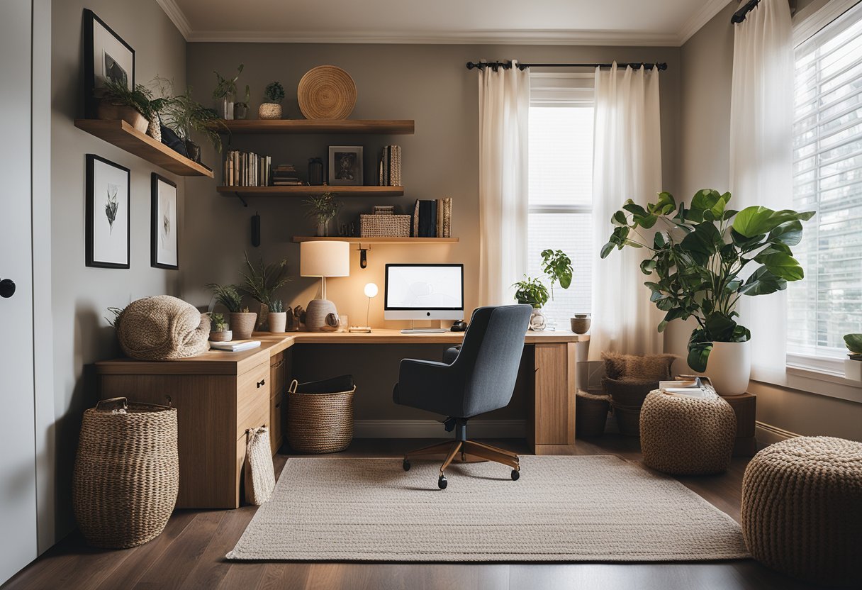 A cozy home office with soft textiles like curtains, rugs, and throw pillows. The room is bathed in warm, natural light, creating a comfortable and inviting workspace