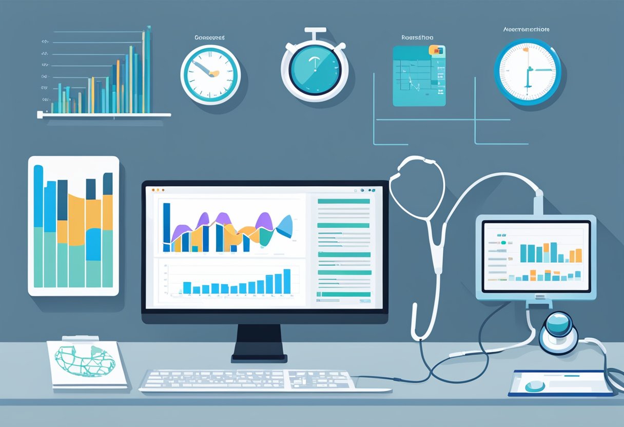 A computer screen displaying data trends, a stethoscope, and a hospital bed with a chart showing decreasing readmissions