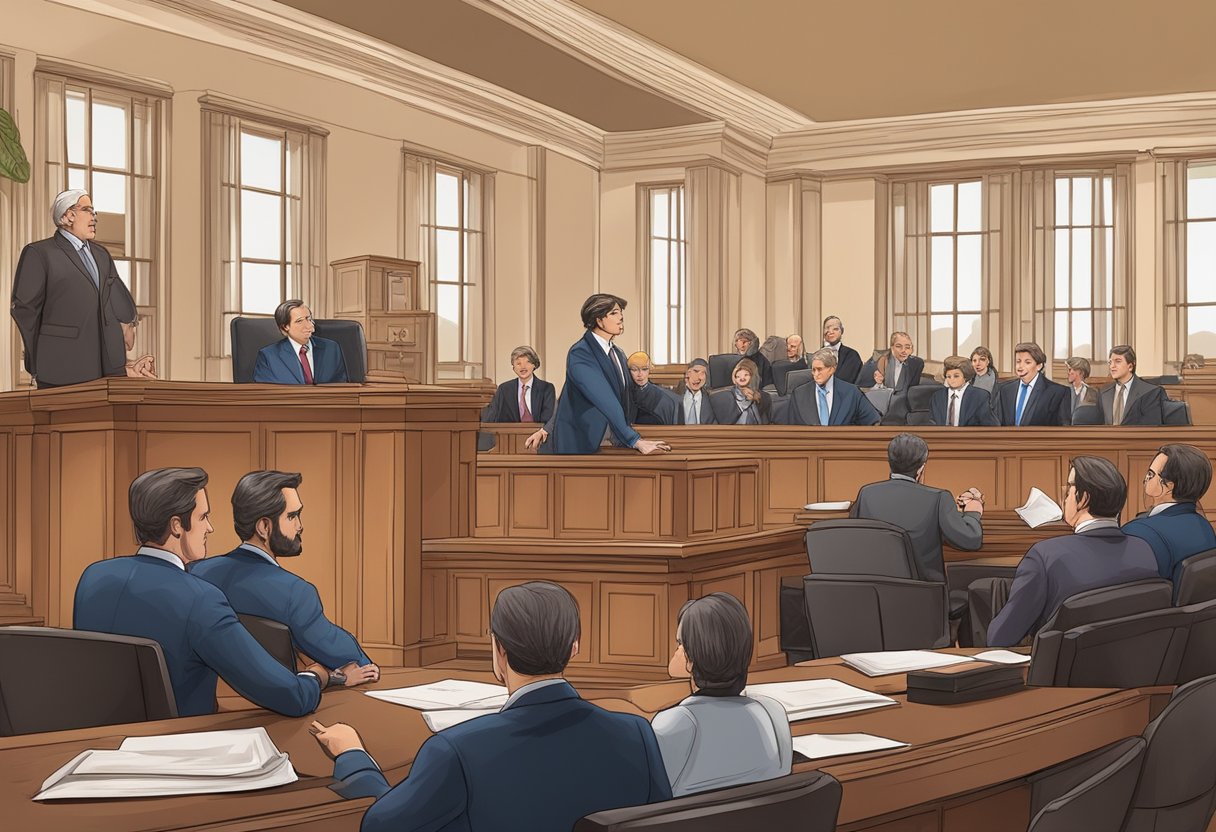 A courtroom scene with lawyers presenting arguments and evidence in a federal civil lawsuit