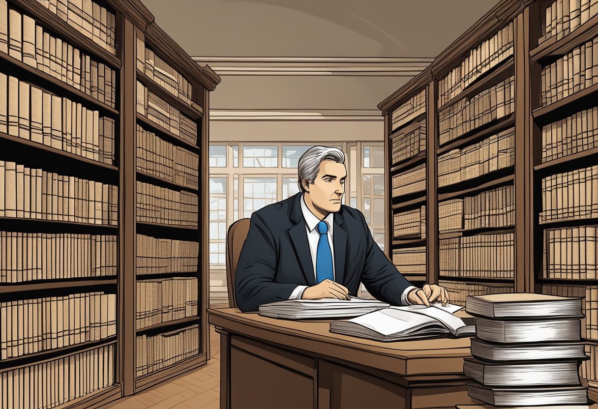 A lawyer researching federal civil lawsuit cases in a law library