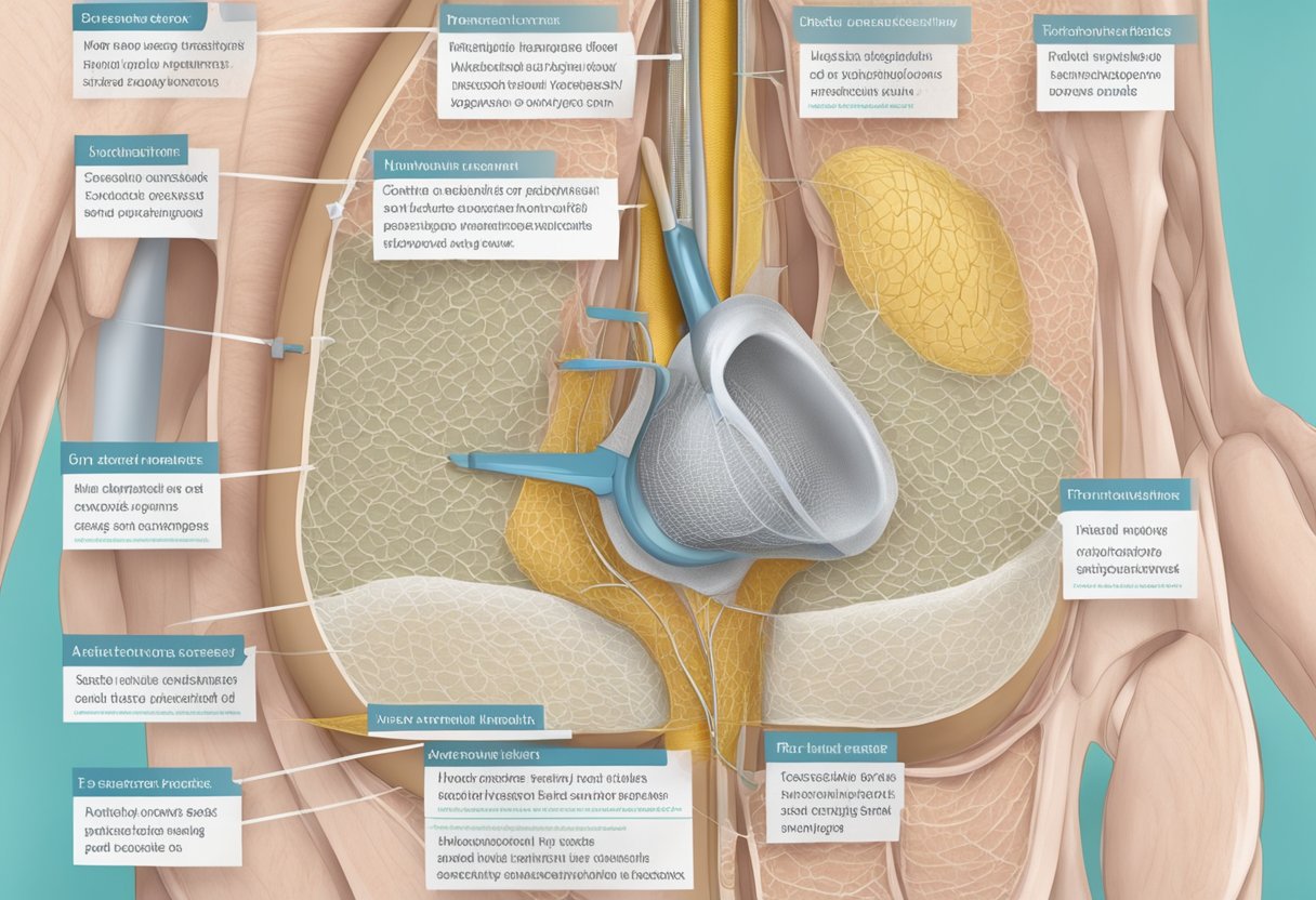 A medical illustration of a hernia mesh being placed in the inguinal region, with surrounding anatomical structures labeled