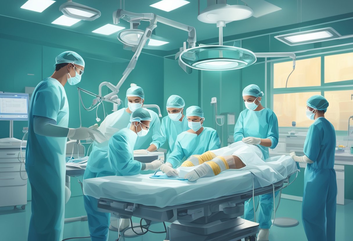 A surgeon performs inguinal hernia mesh repair in a brightly lit operating room, surrounded by medical equipment and a team of focused assistants