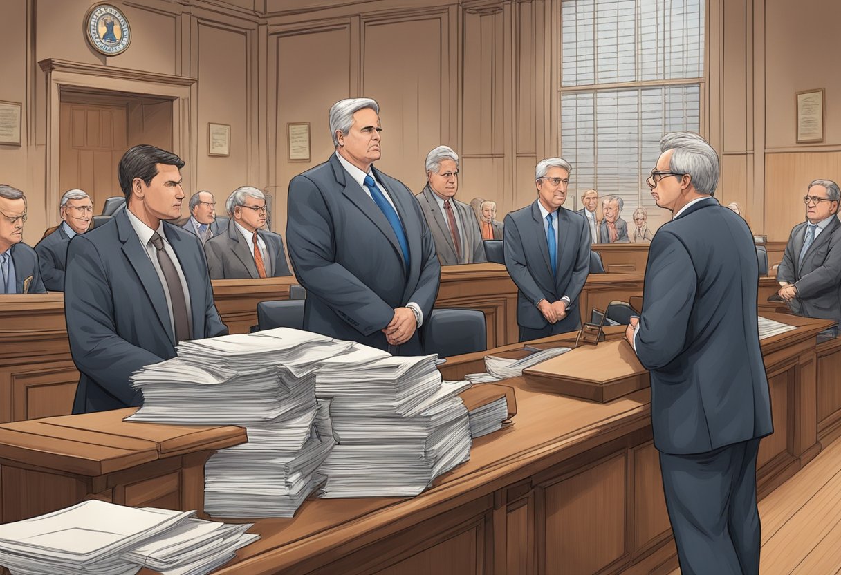 A courtroom scene with a judge, lawyers, and plaintiffs, surrounded by legal documents and evidence related to inguinal hernia mesh lawsuits