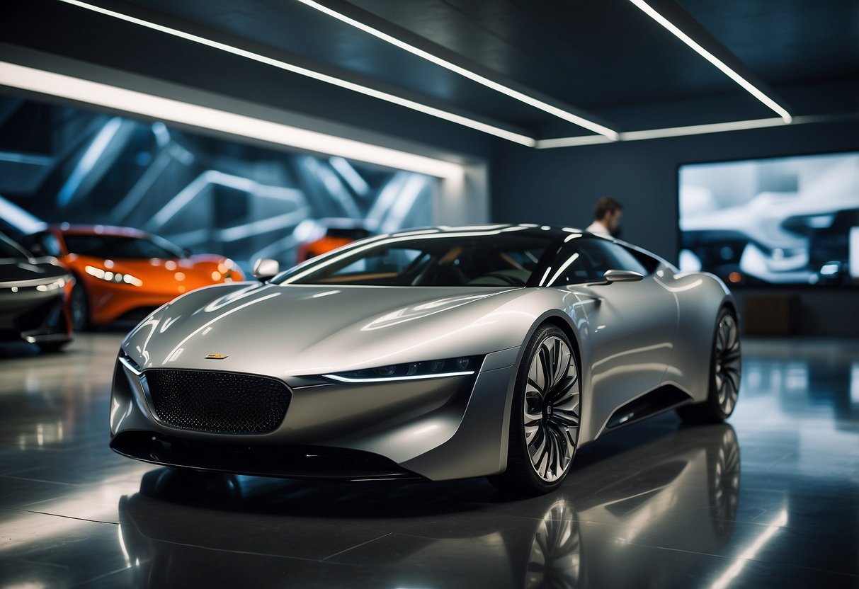 A sleek car sits in a futuristic showroom, surrounded by high-tech design tools and models. The space is filled with inspiration and innovation