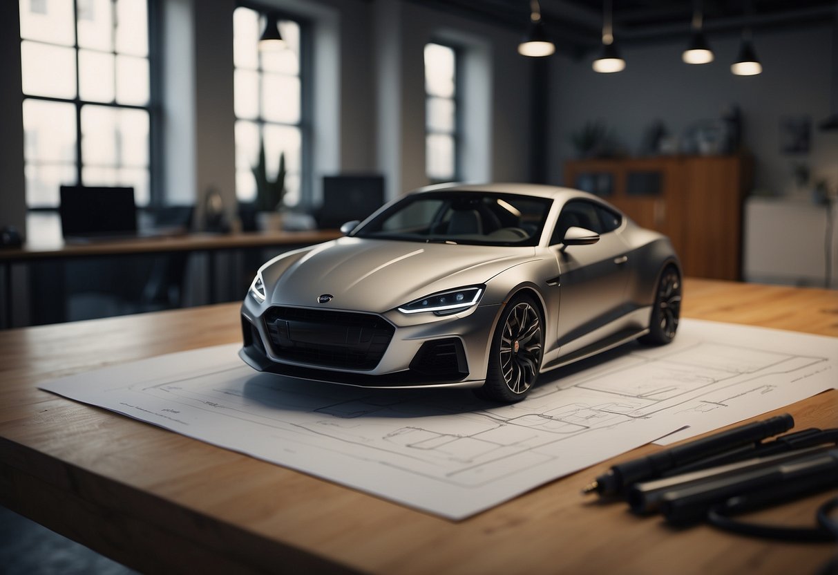 An automotive designer sketches car concepts using digital tools and reference materials in a modern studio setting