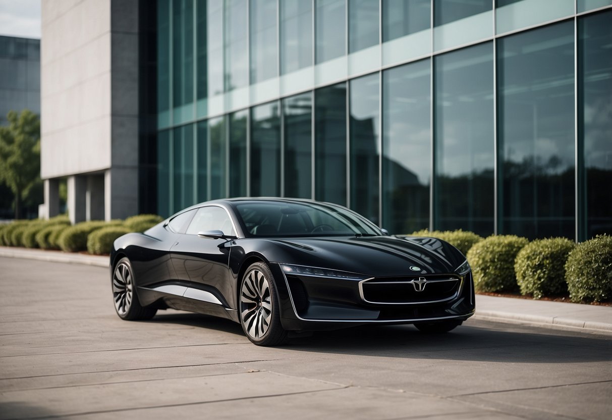 A sleek car parked in front of a modern building with angular lines and glass panels, surrounded by minimalist landscaping