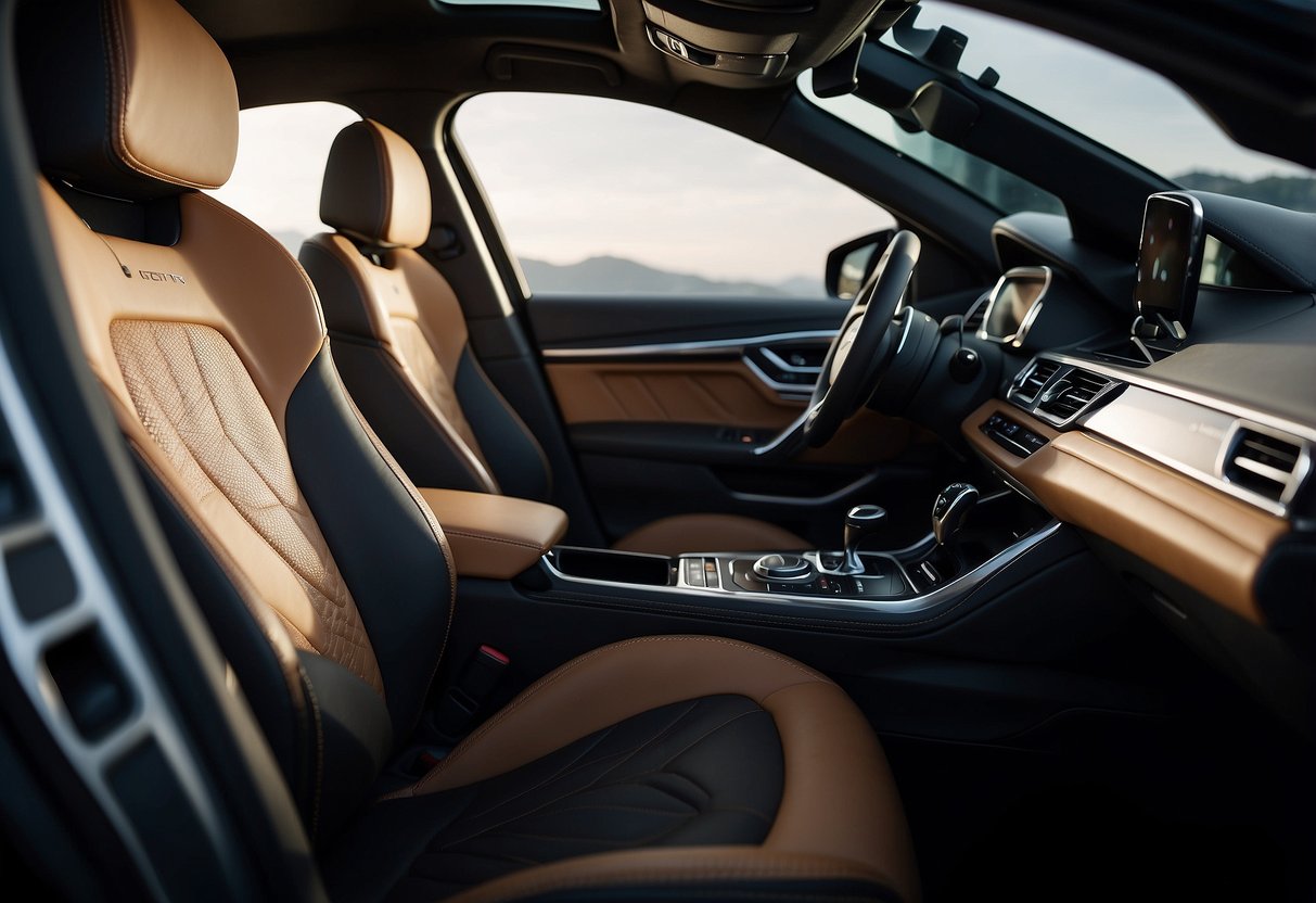 A sleek, modern car interior with ergonomic seating, intuitive controls, and integrated technology. The use of high-quality materials and ambient lighting creates a luxurious and comfortable atmosphere