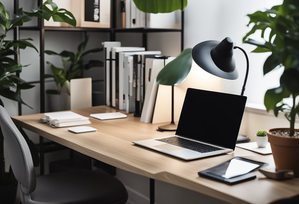 A laptop, notebook, and pen on a sleek desk with a potted plant, stylish lamp, and organized shelves in a compact, minimalist home office