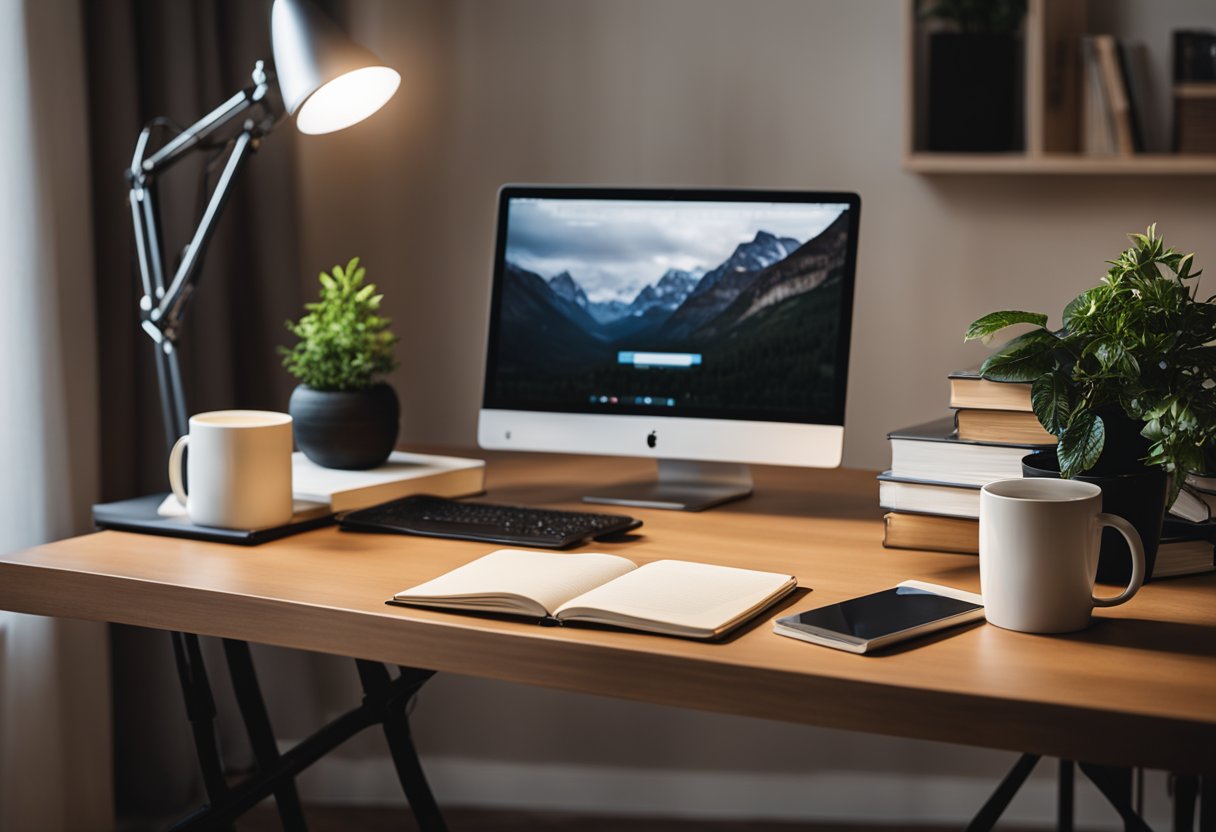 A compact desk with a laptop, lamp, and potted plant sits on a foldable table. A stack of books and a mug complete the cozy home office setup