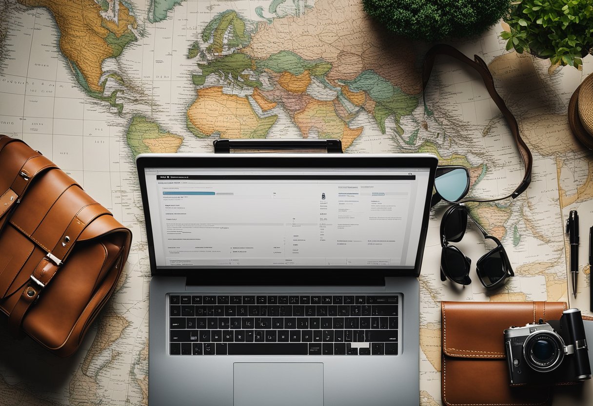 A laptop, notebook, and pens on a compact desk. A map, suitcase, and travel-themed decor on the wall