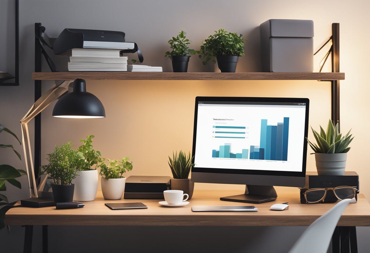 A laptop, notebook, and pens on a compact desk. A portable printer, file organizer, and plant on a nearby shelf. A cozy chair and lamp complete the setup